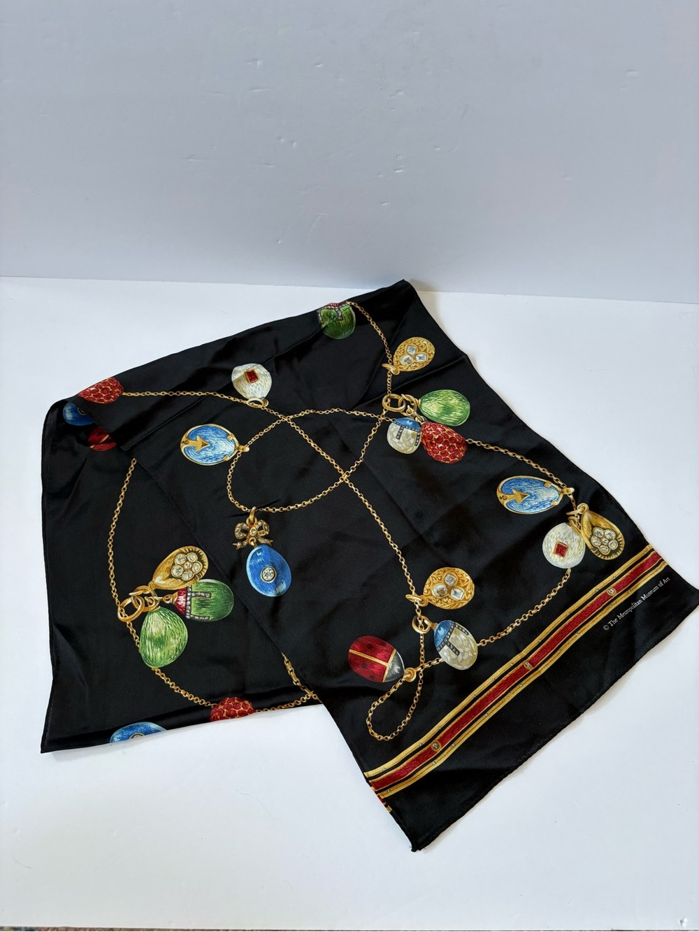 Metropolitan Museum of Art Black Silk Scarf Gold Chain Charm Jewels Faberge Eggs